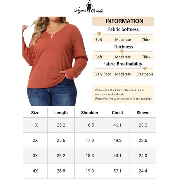 Plus Size Tshirt Women Casual Tops Button Front Long Sleeve Tee Top Orange - Picture 6 of 6